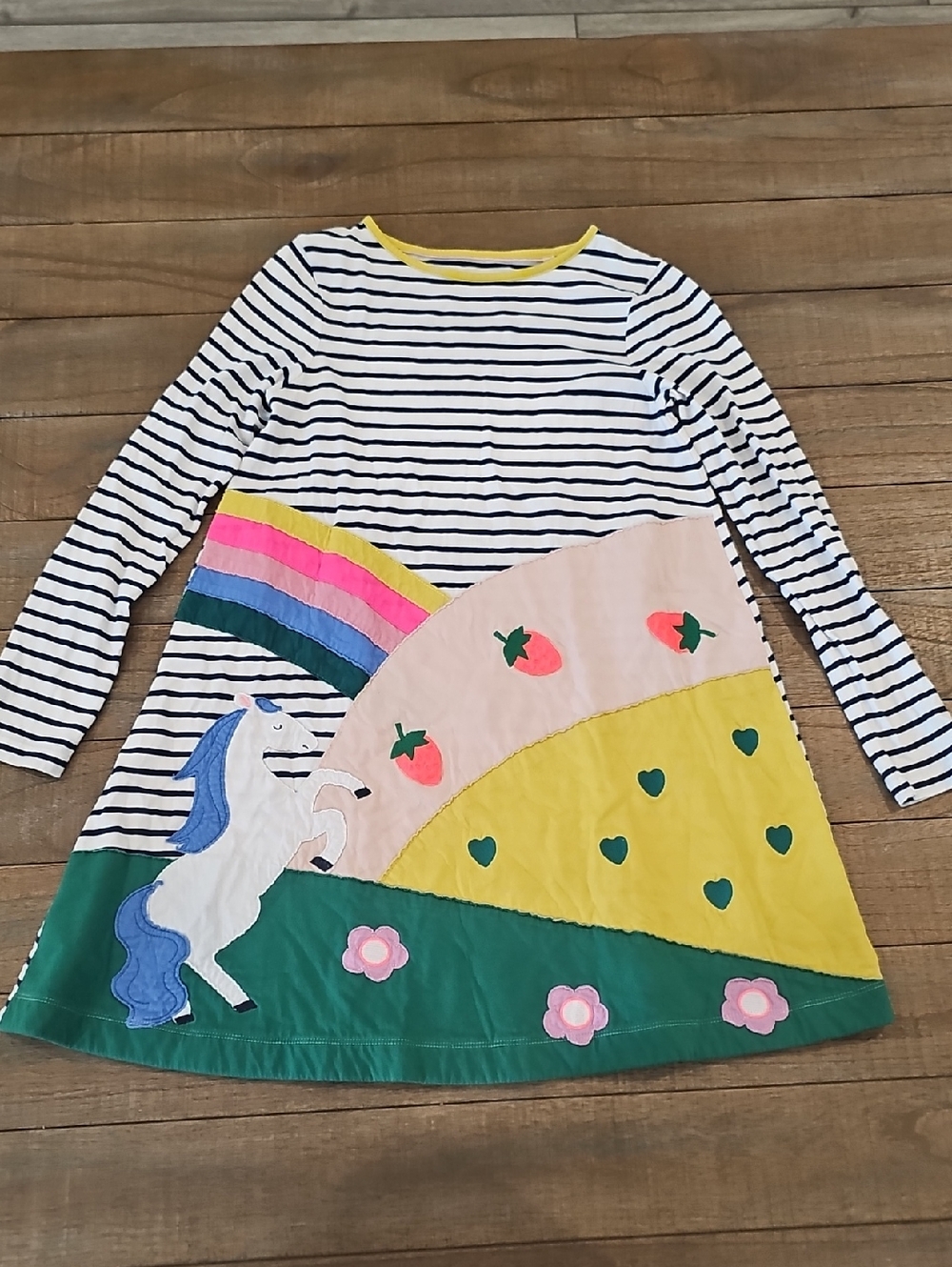 Striped Unicorn Appliqué Kids Dress in White, Black, Yellow